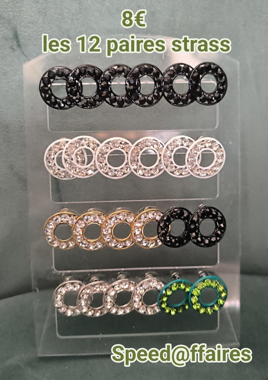 Lot de 12 paires de boucles d'oreilles "anneaux" avec strass - 20L