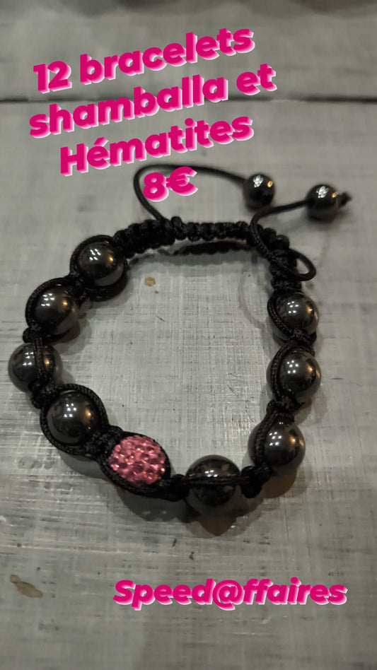Lot de 12 bracelets ajustables shamballa et hématite (rose) - 23