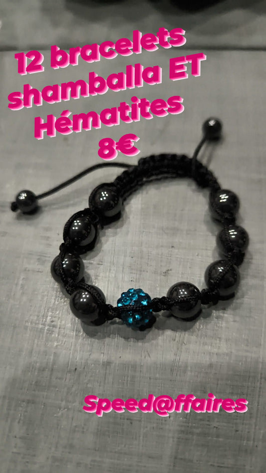 Lot de 12 bracelets ajustables shamballa et hématite (bleu) - 30E