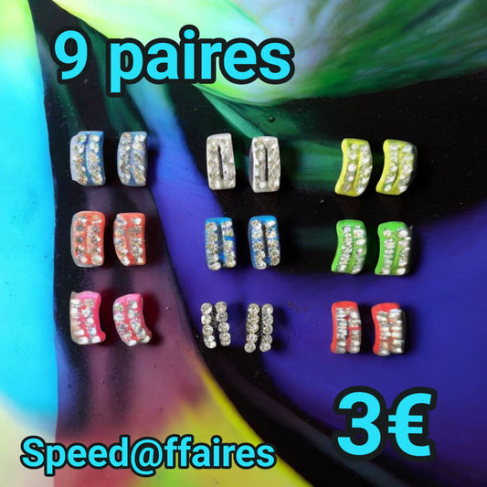 Lot de 9 paires de boucles d'oreilles avec strass - 43D